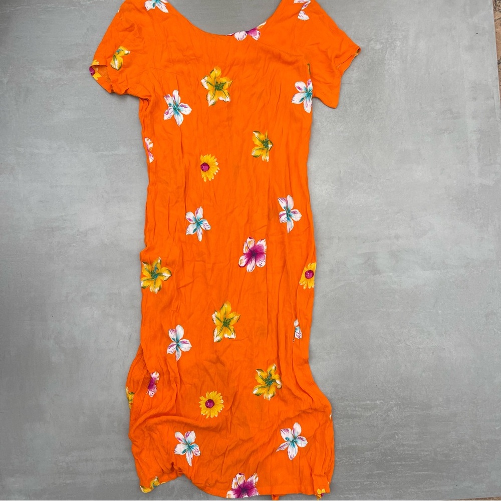 Vibrant Floral Orange Midi Dress